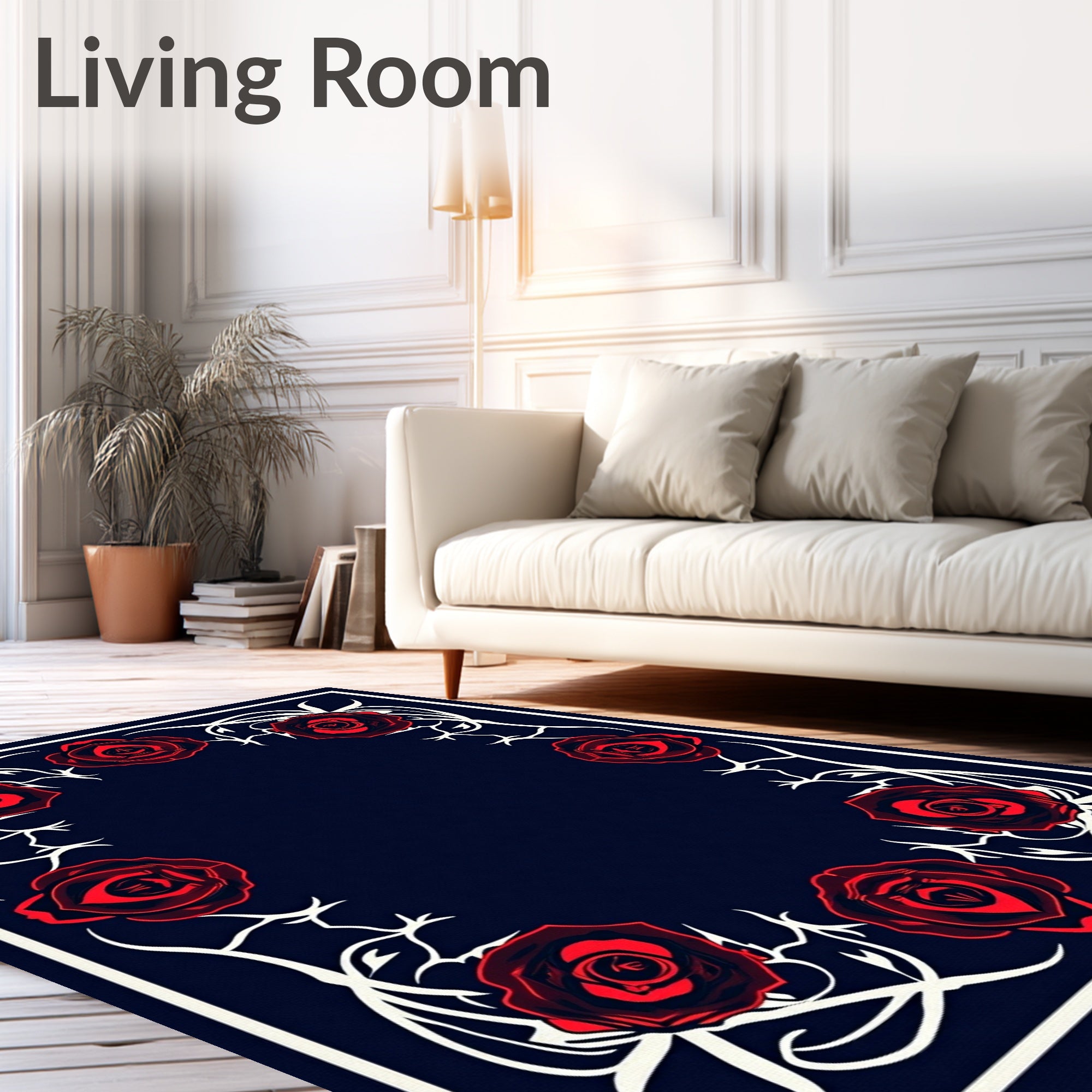 Deep Indigo Red Rose Vine Frame Rug