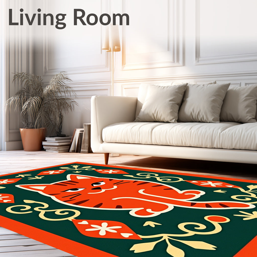 Whimsical Orange Tabby Floral Frame Rug