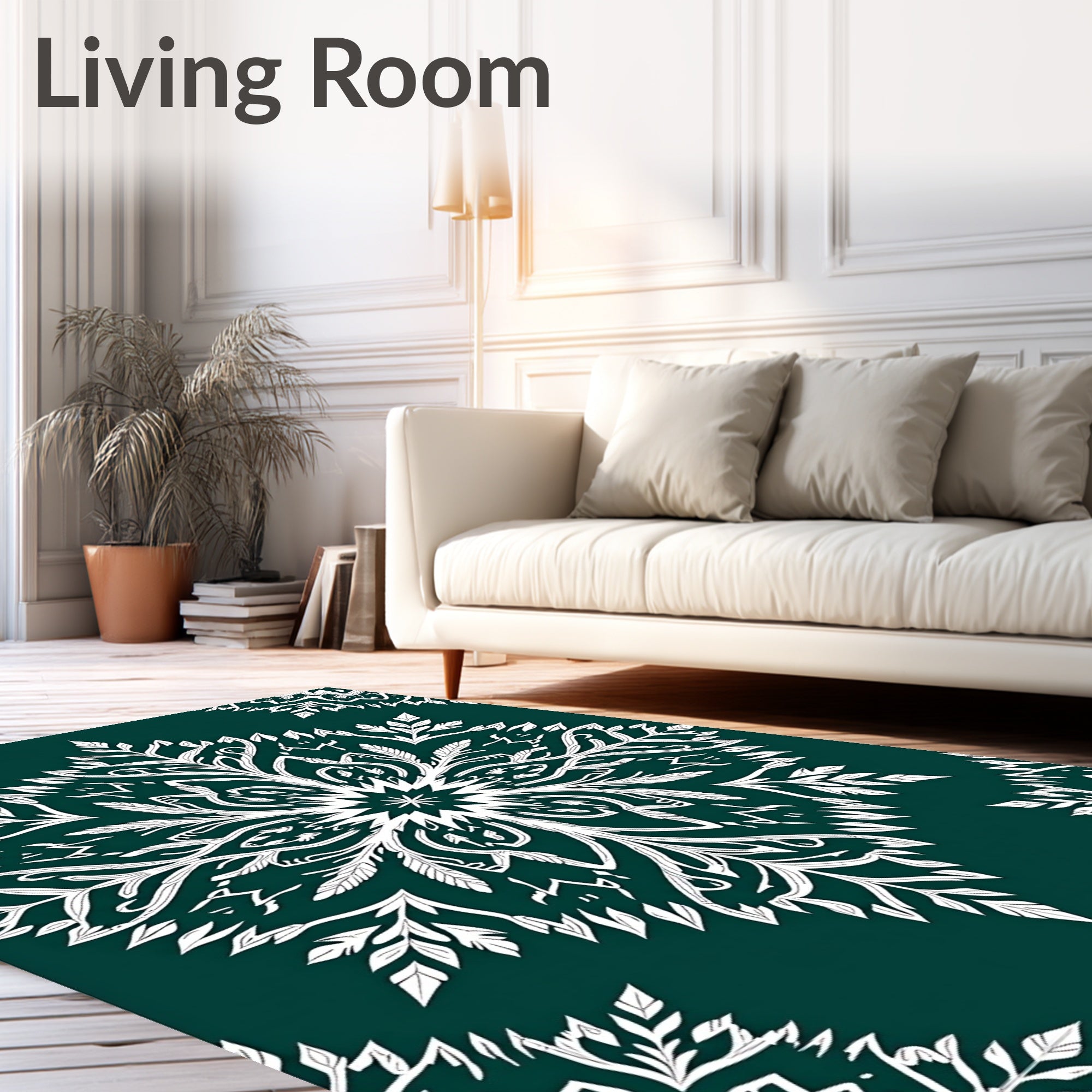 Deep Teal White Leafy Medallion Rug
