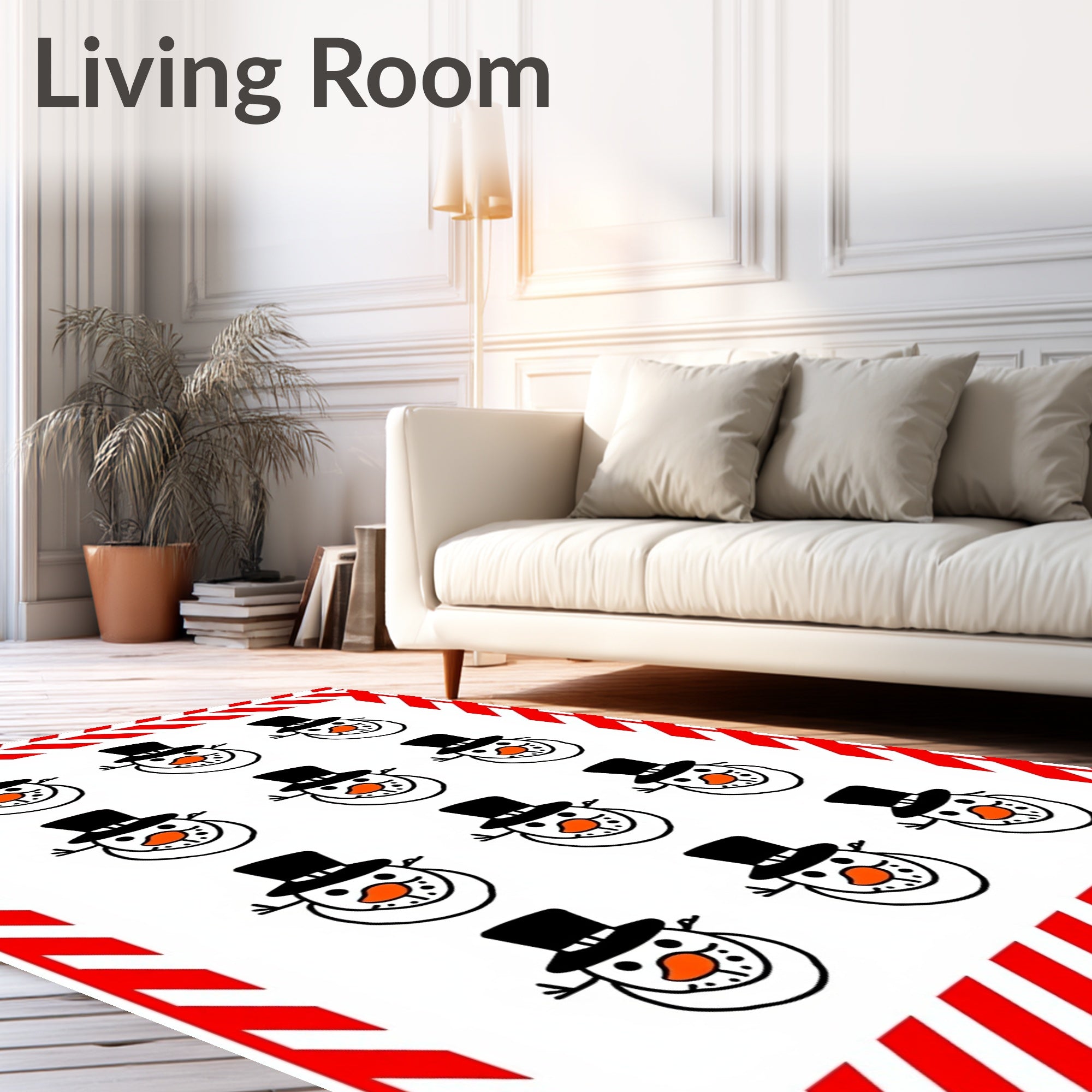Whimsical Snowman Family Red Stripe Border Rug