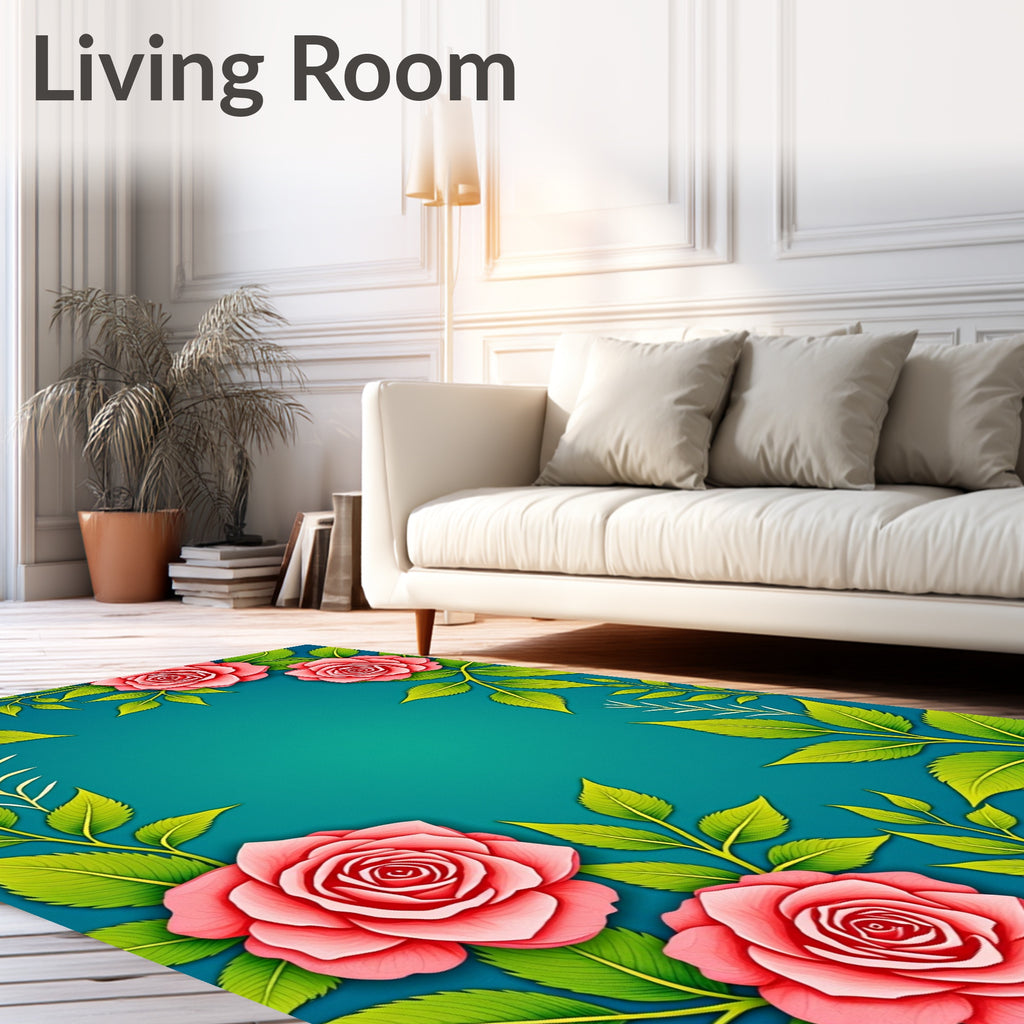 Coral Pink Rose Vine Border Rug