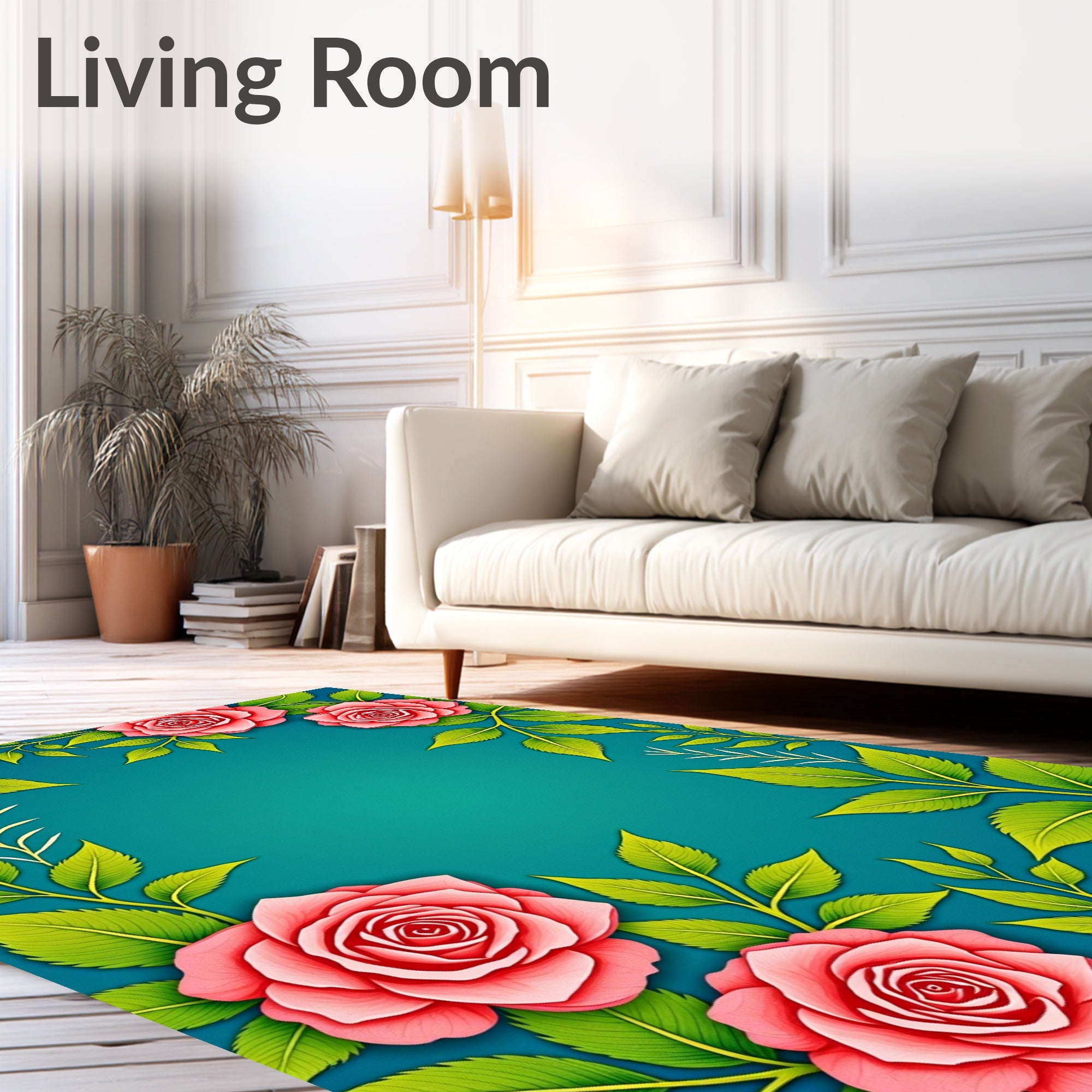 Coral Pink Rose Vine Border Rug