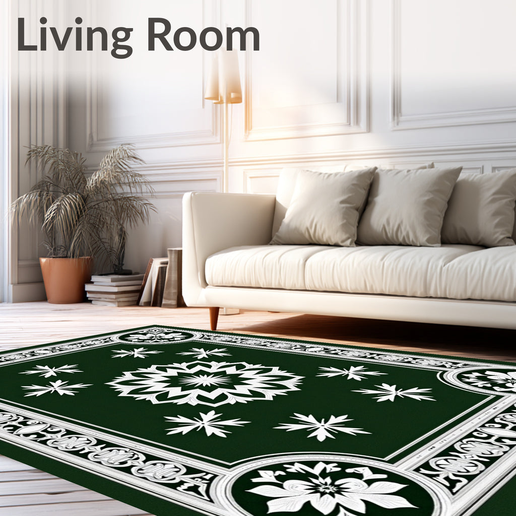 Dark Green White Starburst Floral Medallion Rug