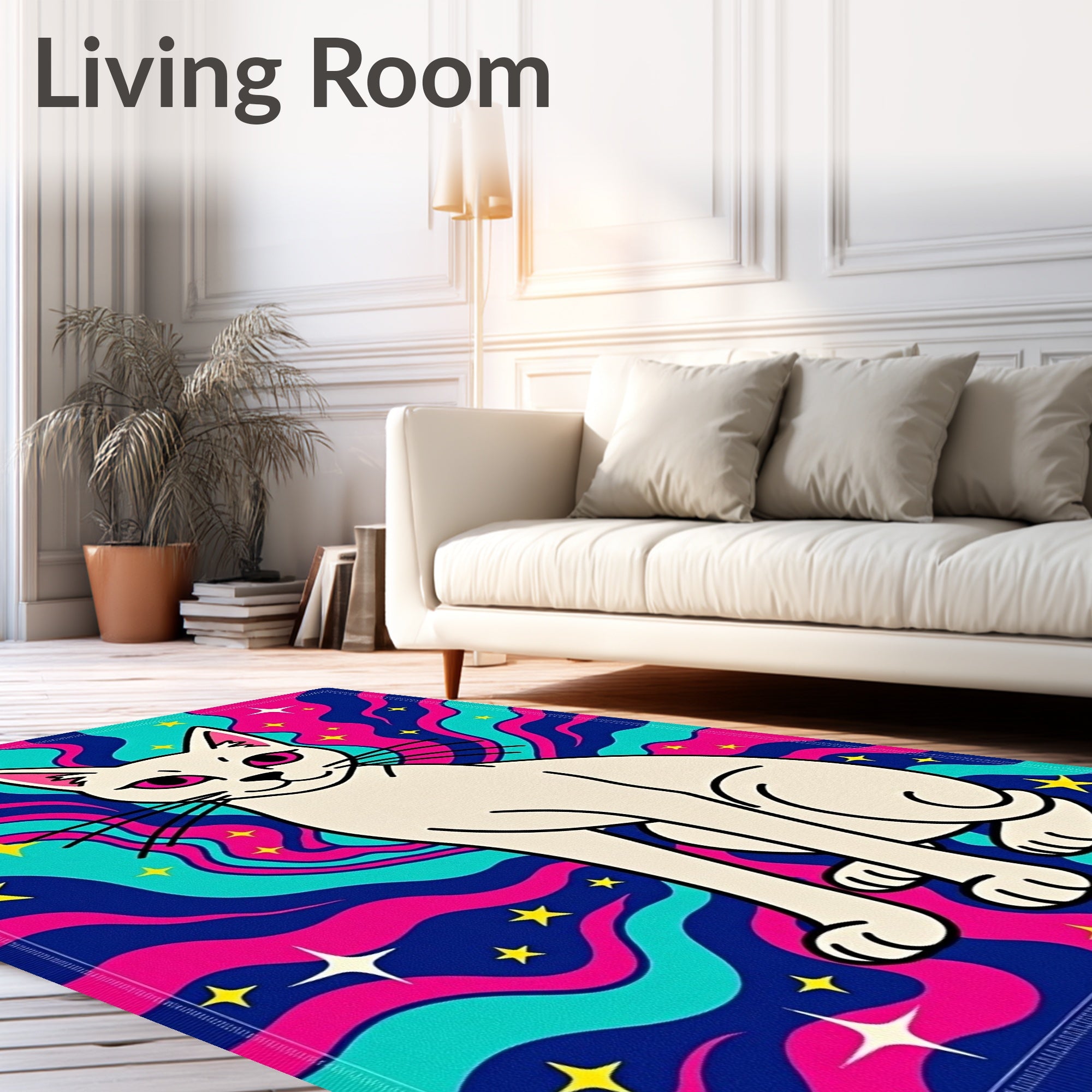 Psychedelic White Cat Starry Night Rug