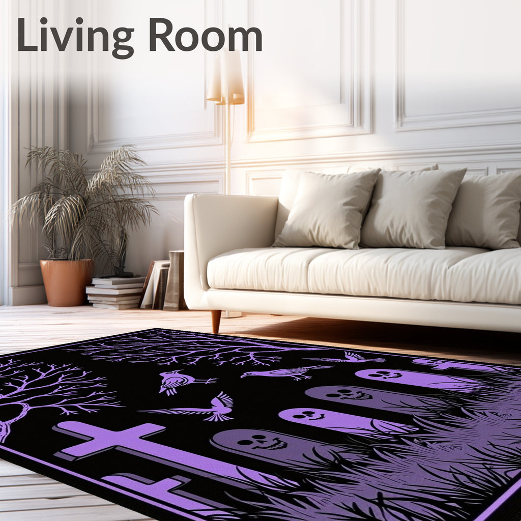 Creepy Purple Graveyard Bird Scene Rug