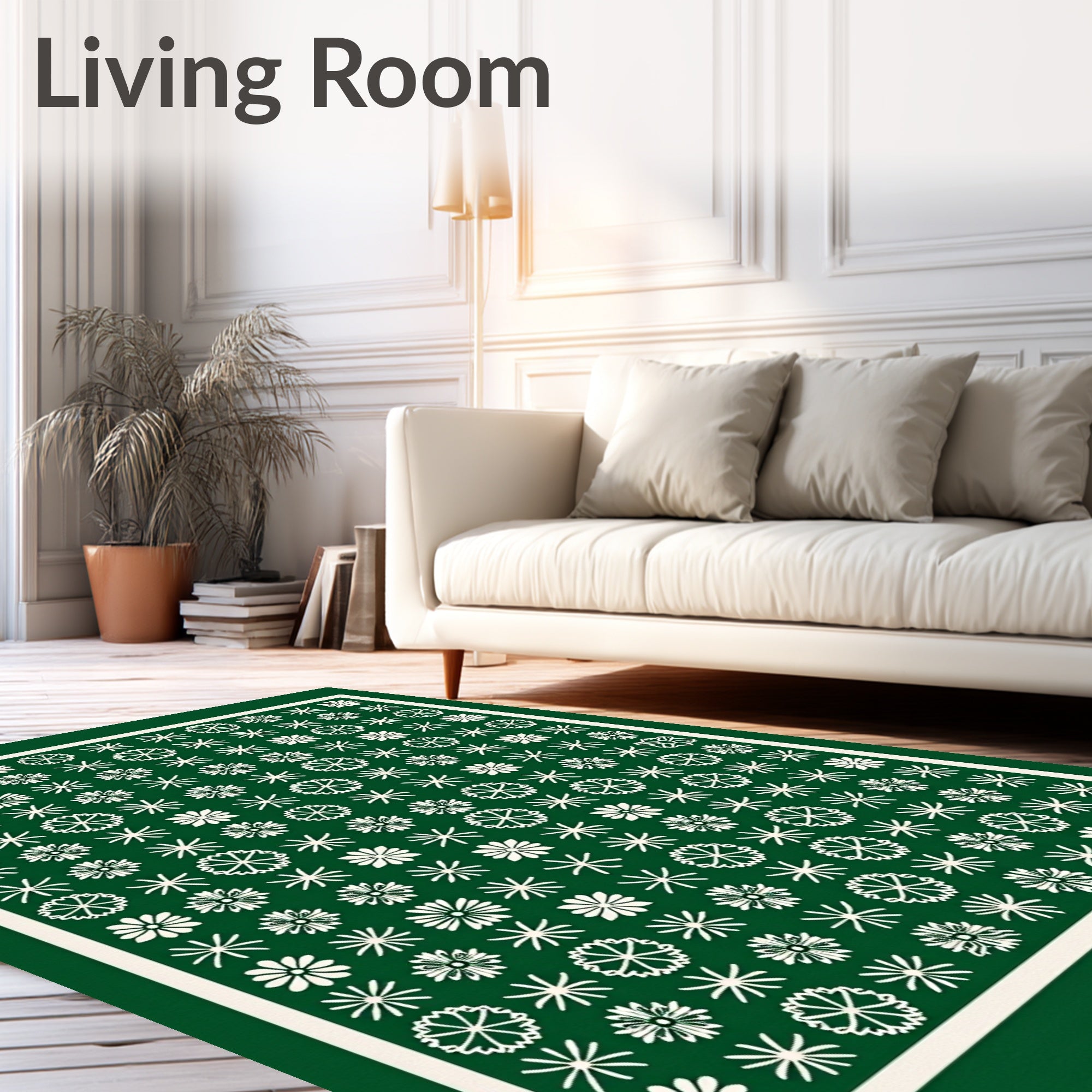 Forest Green White Floral Collage Rug