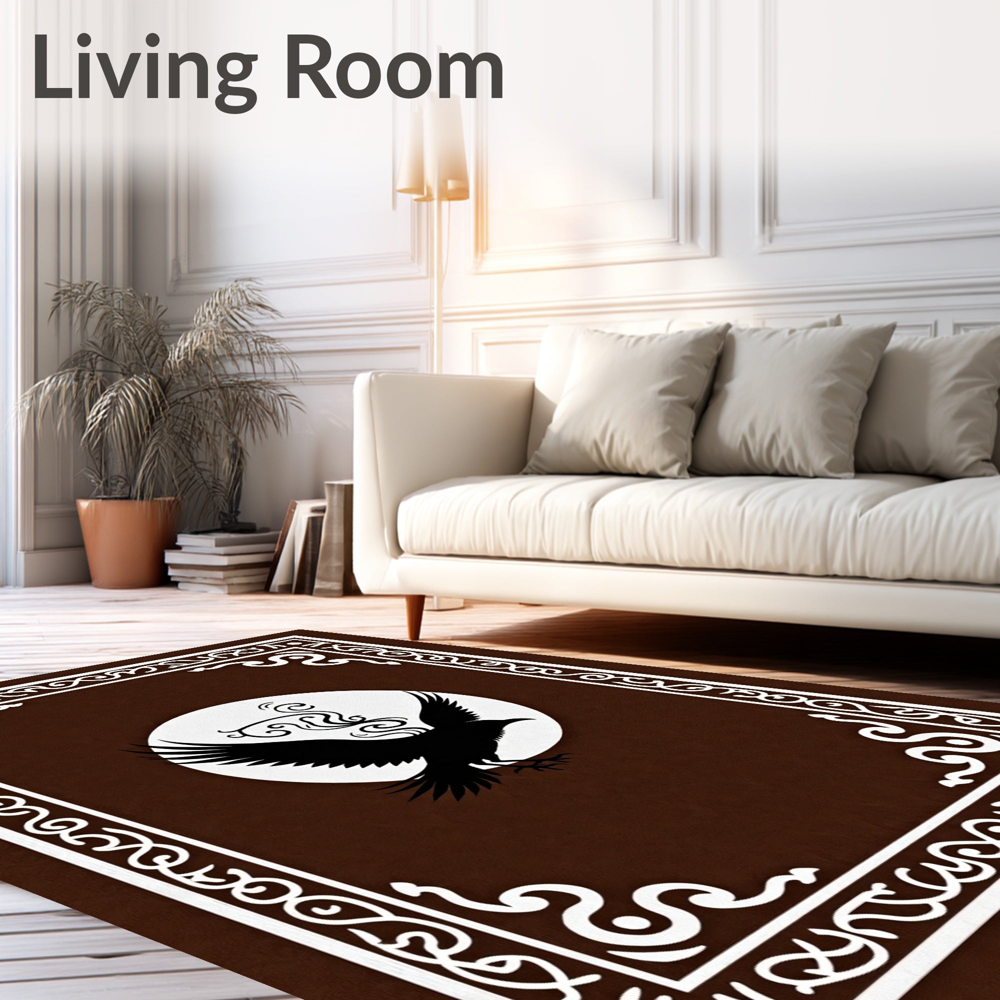 Dark Brown Black Bird Circular Frame Rug