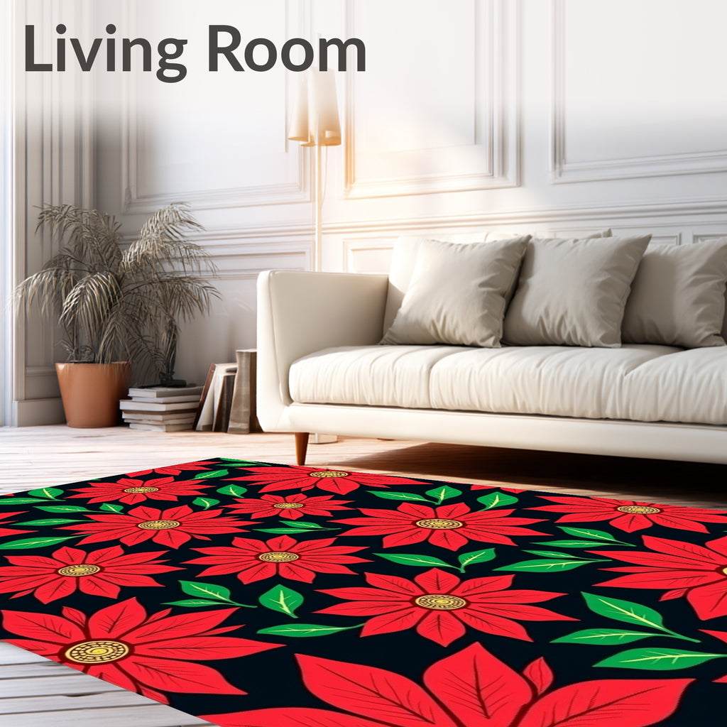 Crimson Red Floral Burst With Green Leaves Rug