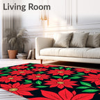 Crimson Red Floral Burst With Green Leaves Rug