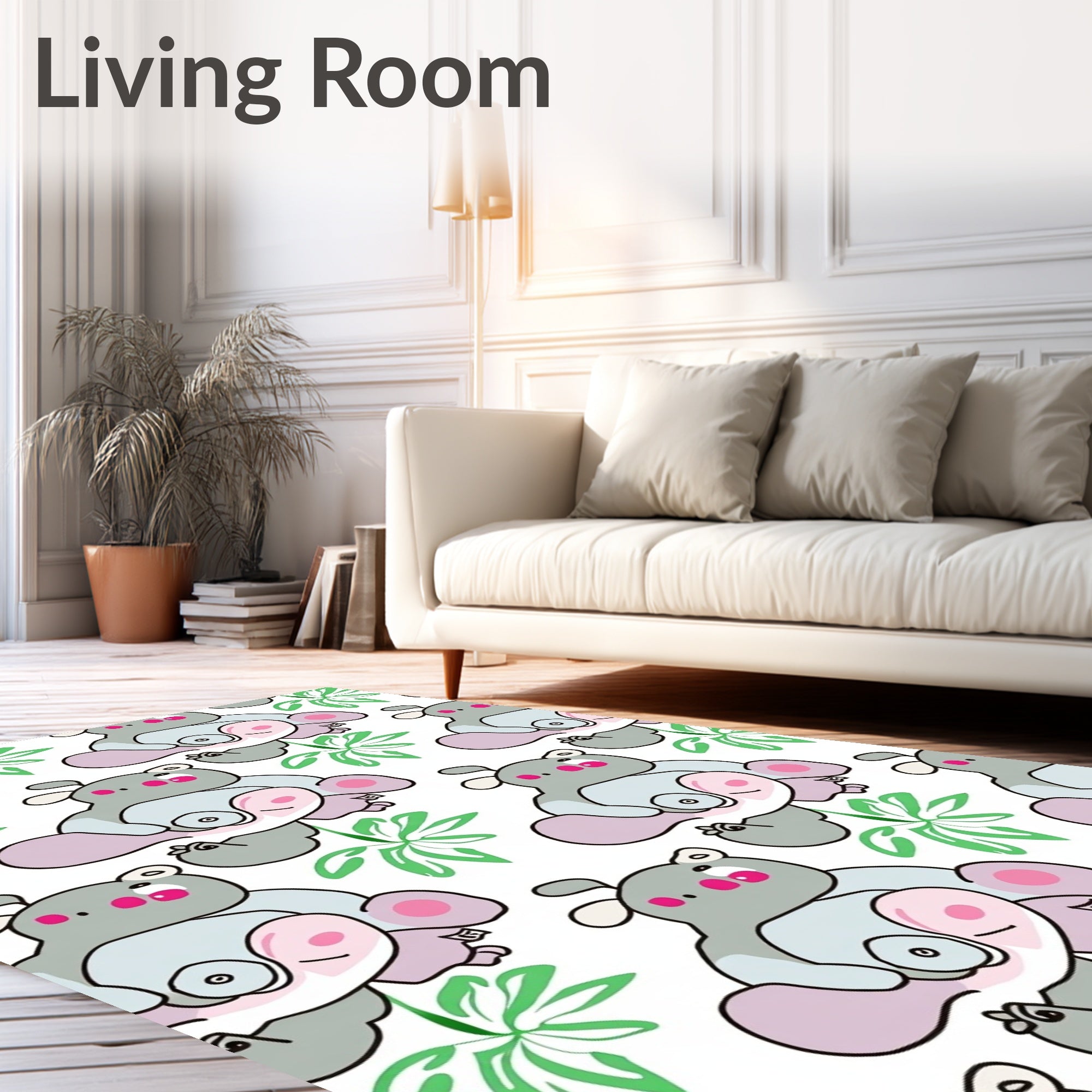 Cute Gray Hippo Tropical Leaves Rug