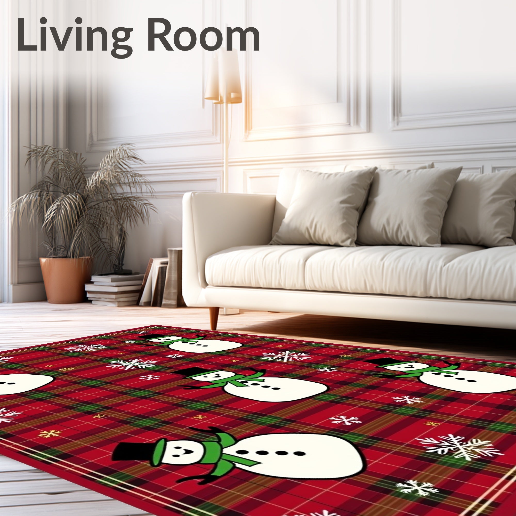 Red Plaid Snowmen and Snowflakes Accent Rug