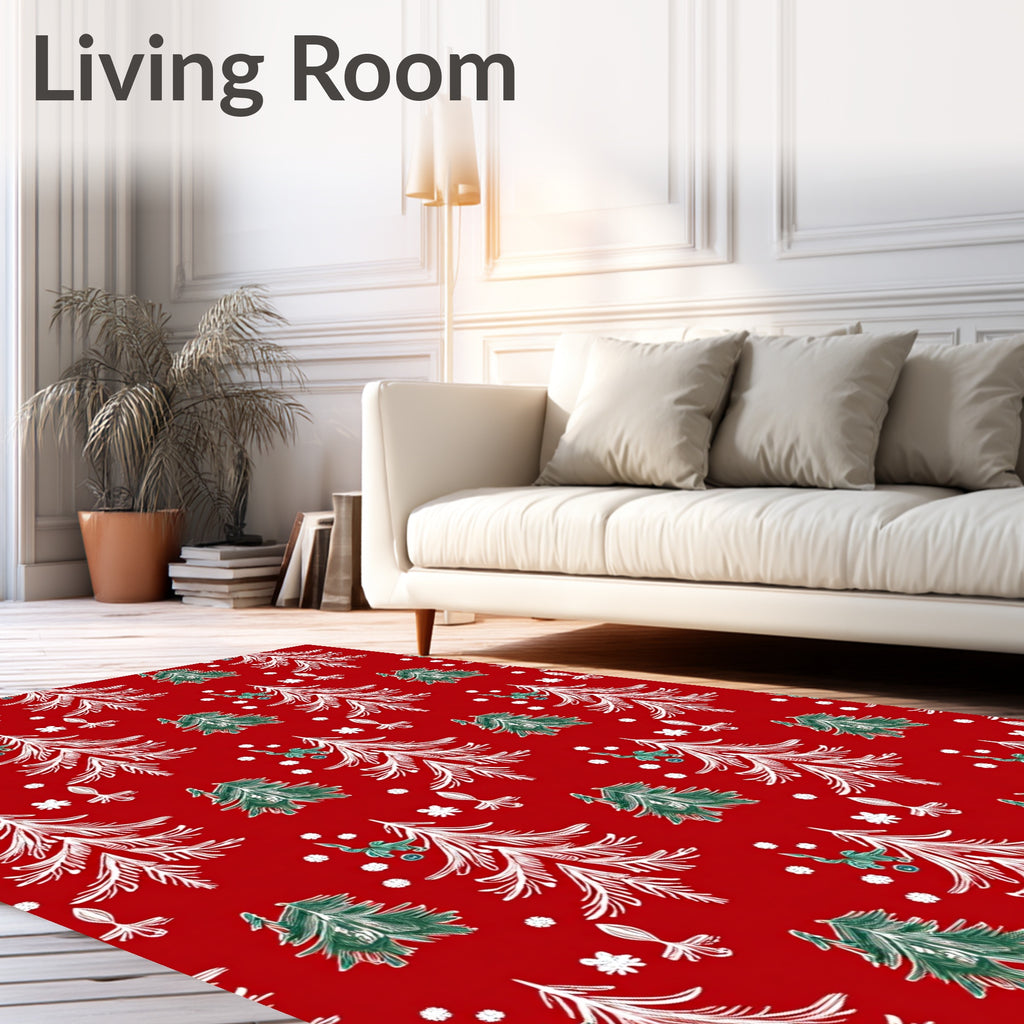 Red White Green Festive Trees Snowflakes Rug