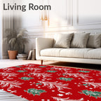 Red White Green Festive Trees Snowflakes Rug