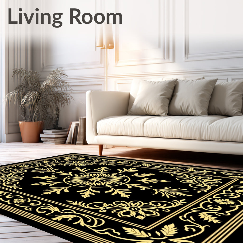 Ornate Black Gold Floral Medallion Border Rug