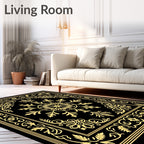 Ornate Black Gold Floral Medallion Border Rug