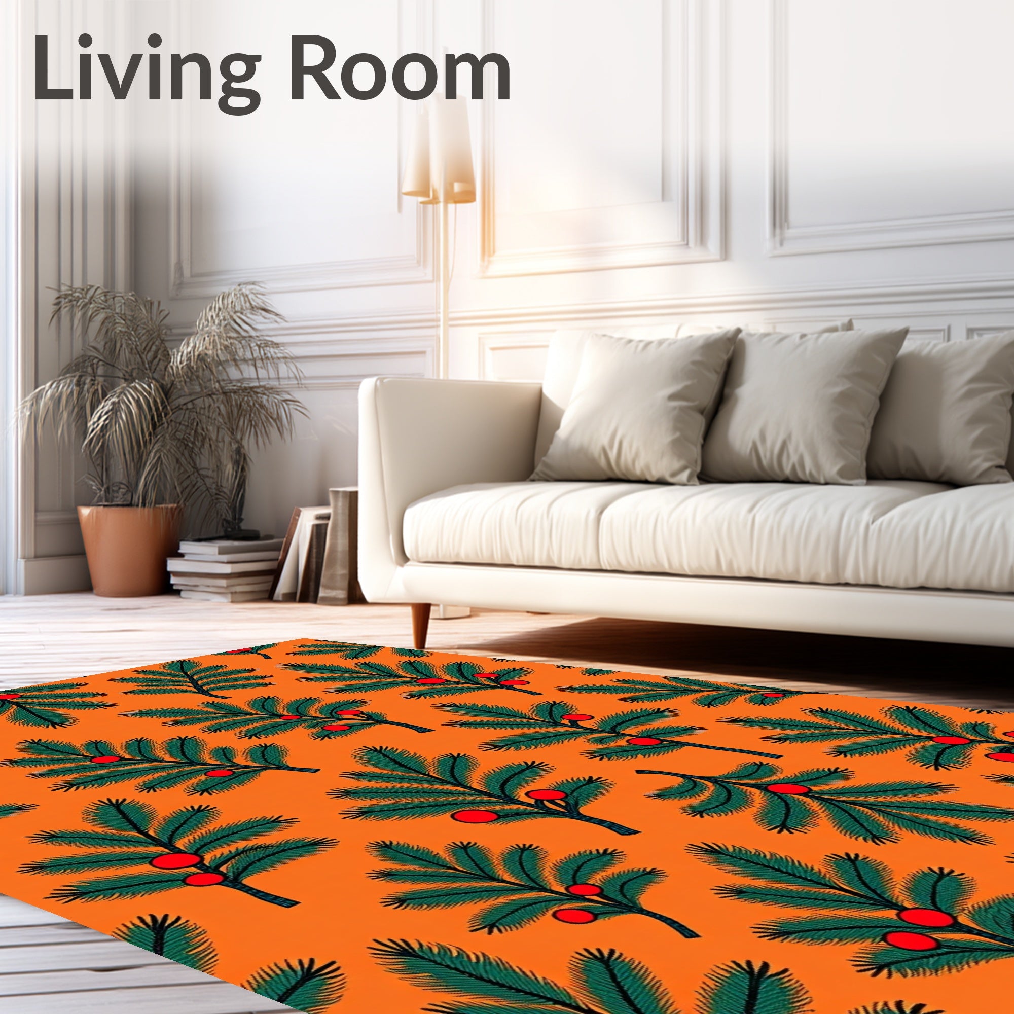 Green Pine Branch Red Berry Orange Rug
