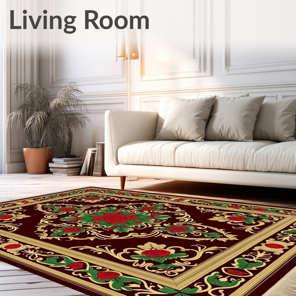 Deep Red Floral Medallion Golden Vine Rug