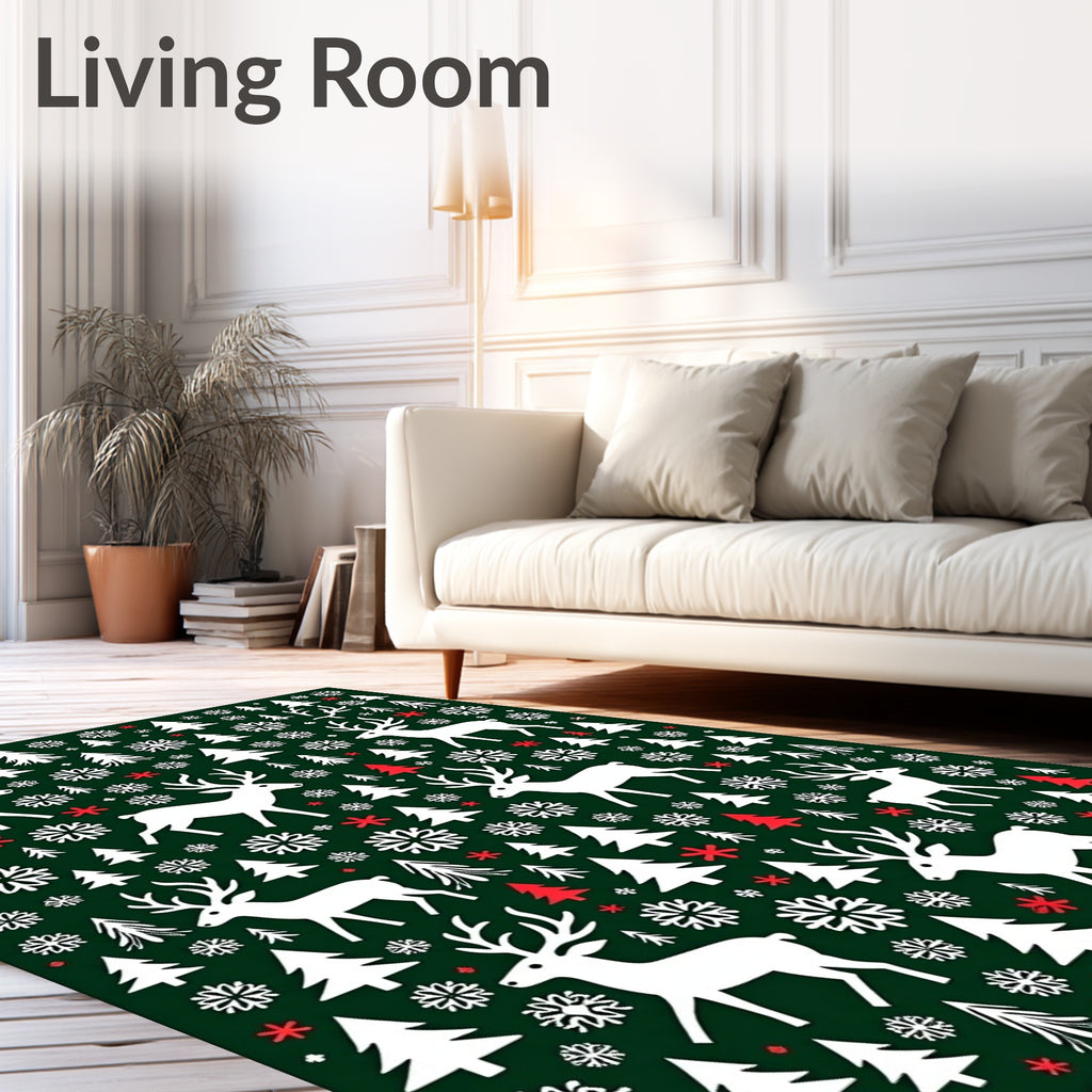 White Deer Snowflake Forest Holiday Rug