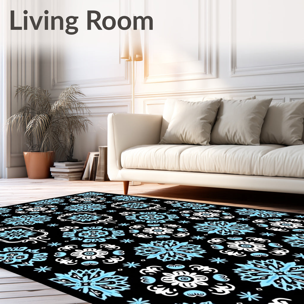 Black Sky Blue Floral Mandala Rug