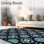Black Sky Blue Floral Mandala Rug