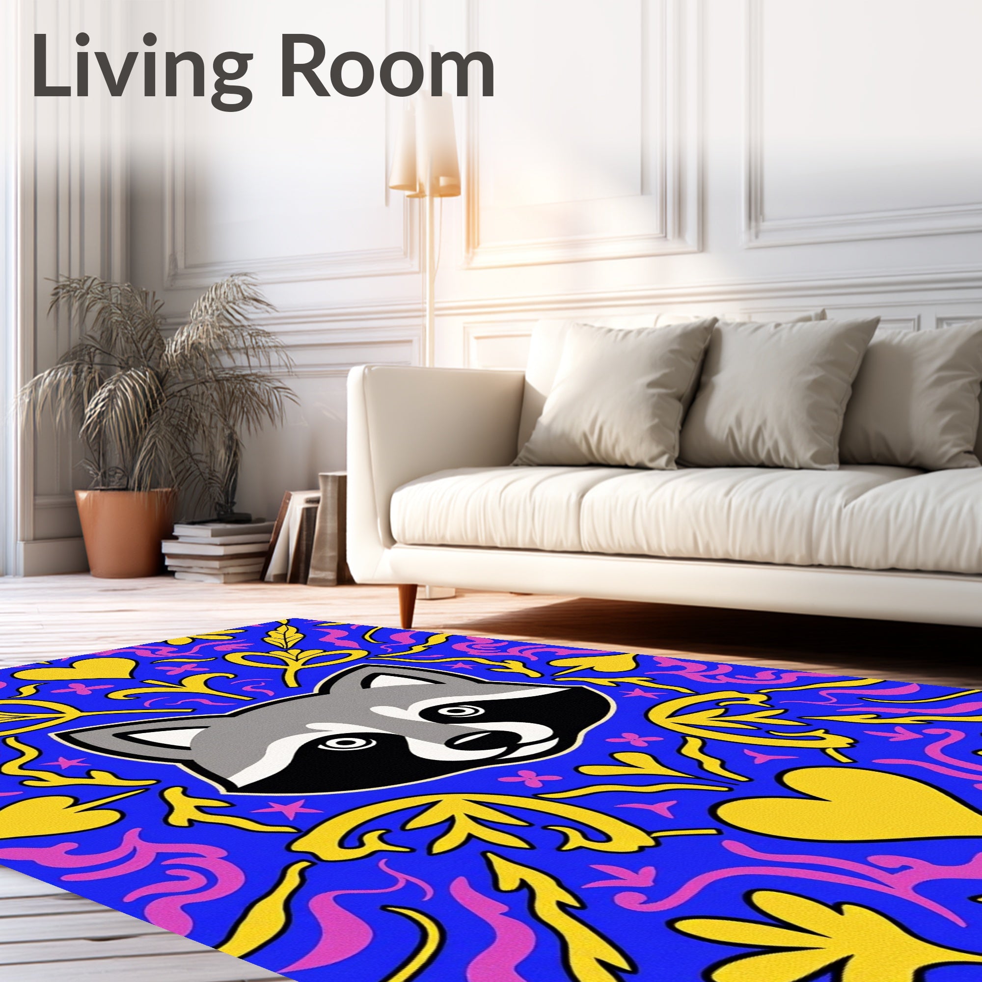 Vibrant Raccoon Blue Yellow Heart Swirl Rug
