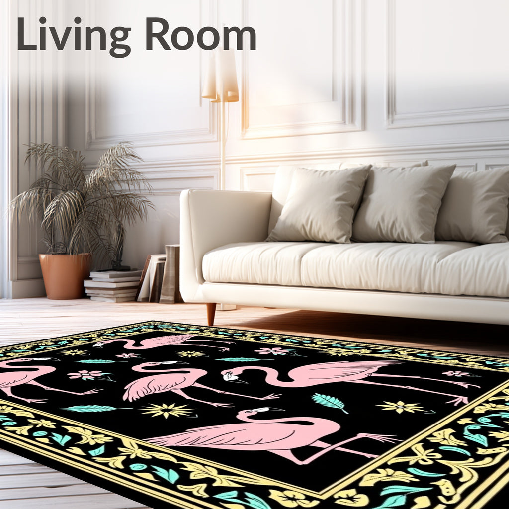 Pink Flamingos With Floral Border Rug