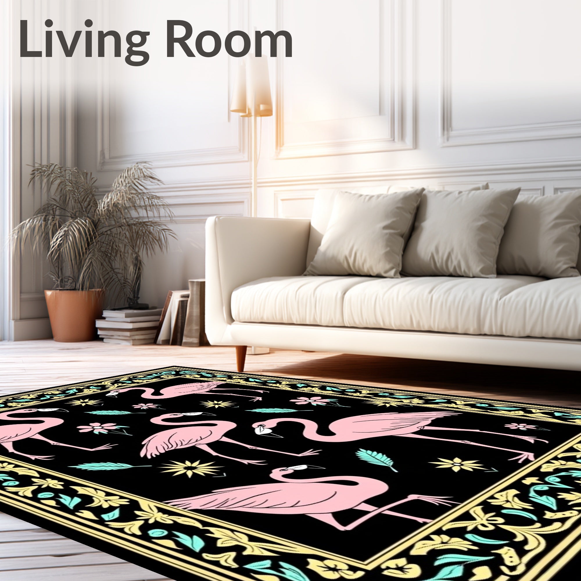 Pink Flamingos With Floral Border Rug