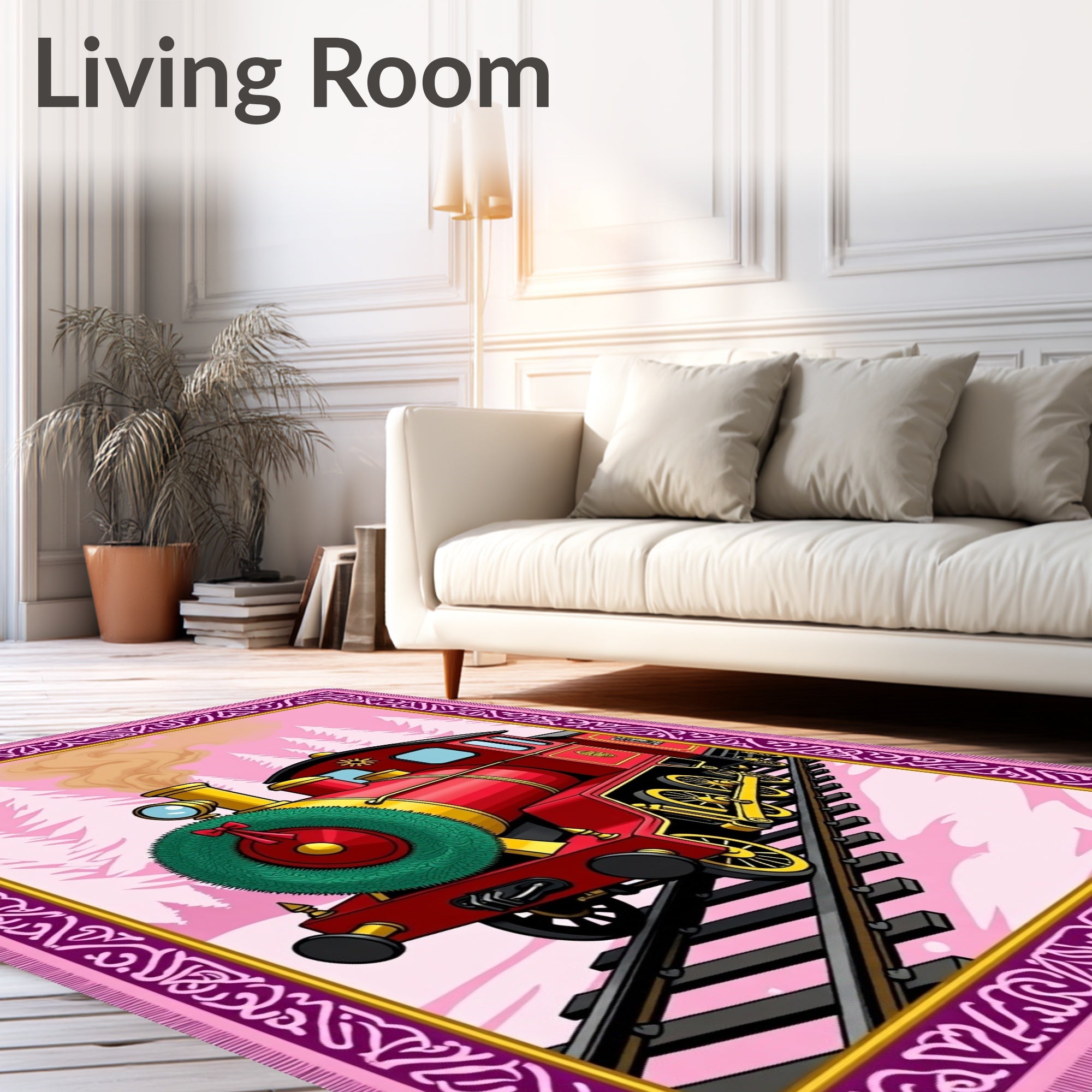 Red Vintage Train Winter Scene Rug