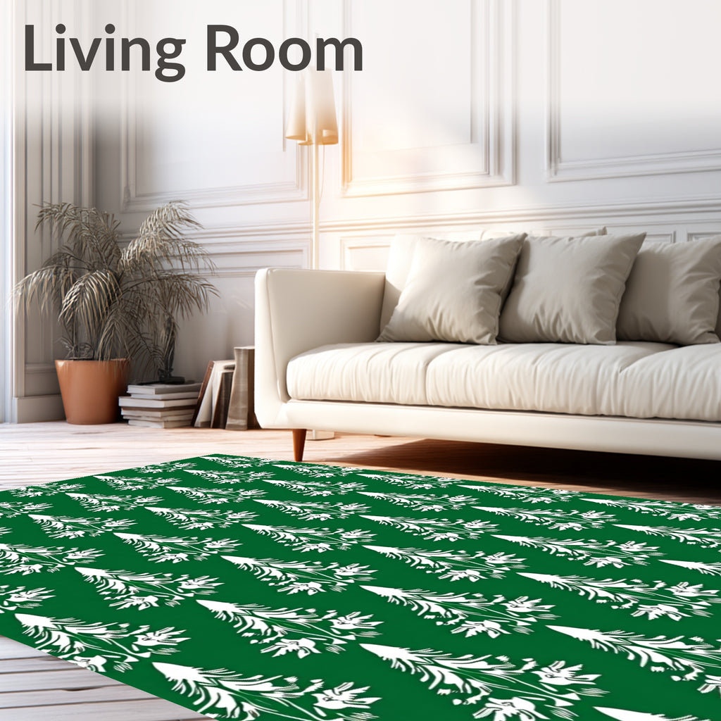 White Evergreen Trees on Green Backdrop Rug