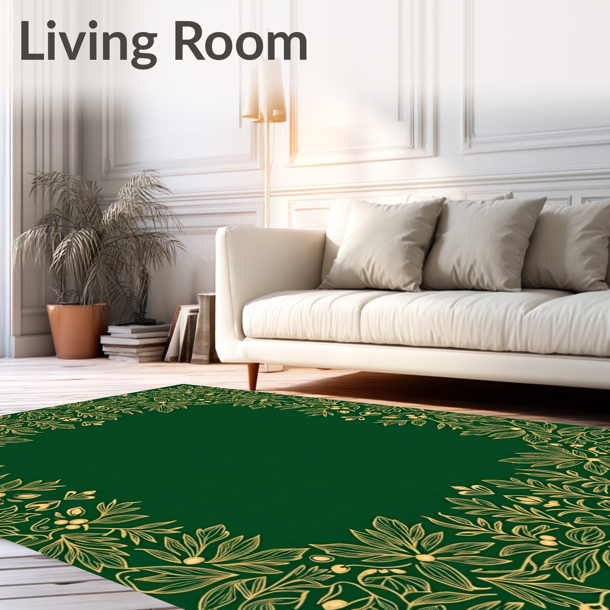 Emerald Green Golden Floral Border Rug