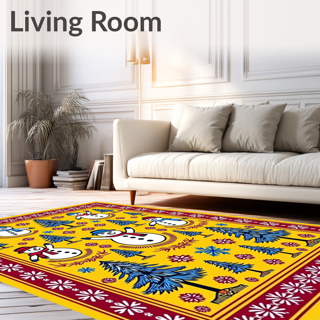Cheery Snowmen Blue Pine Trees Yellow Rug