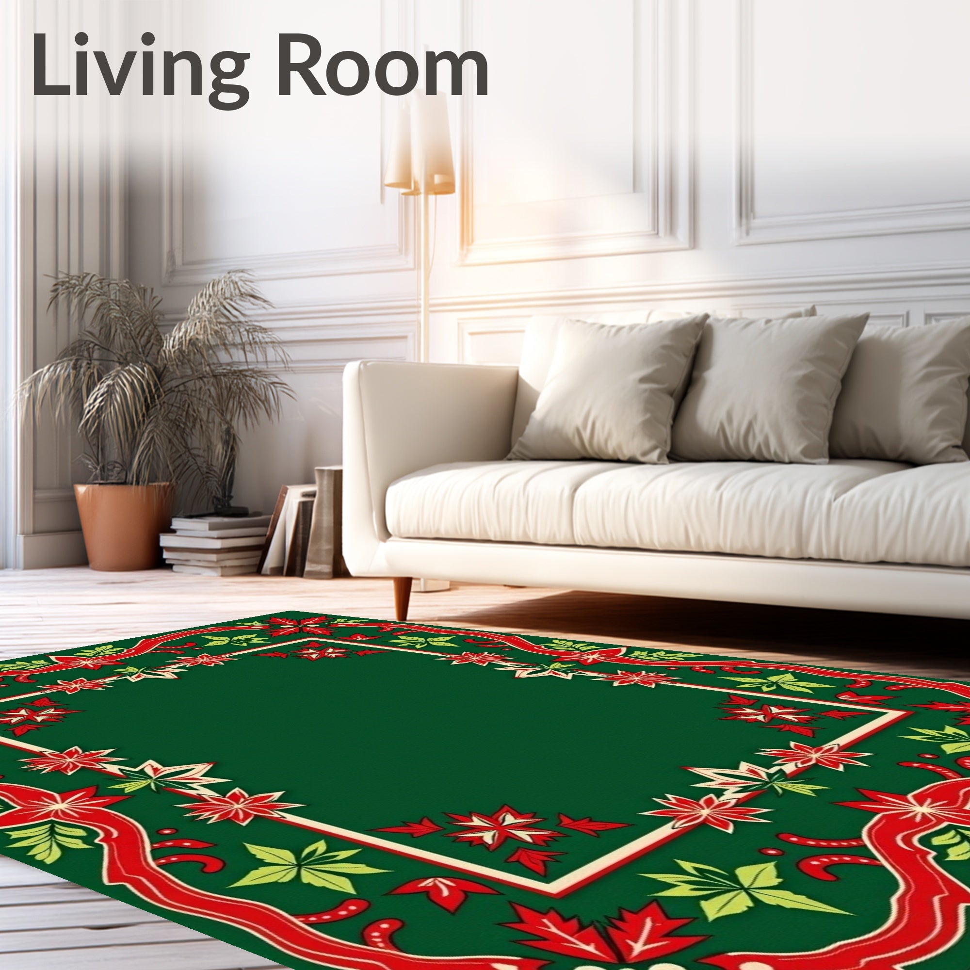 Festive Red Green Poinsettia Garland Rug