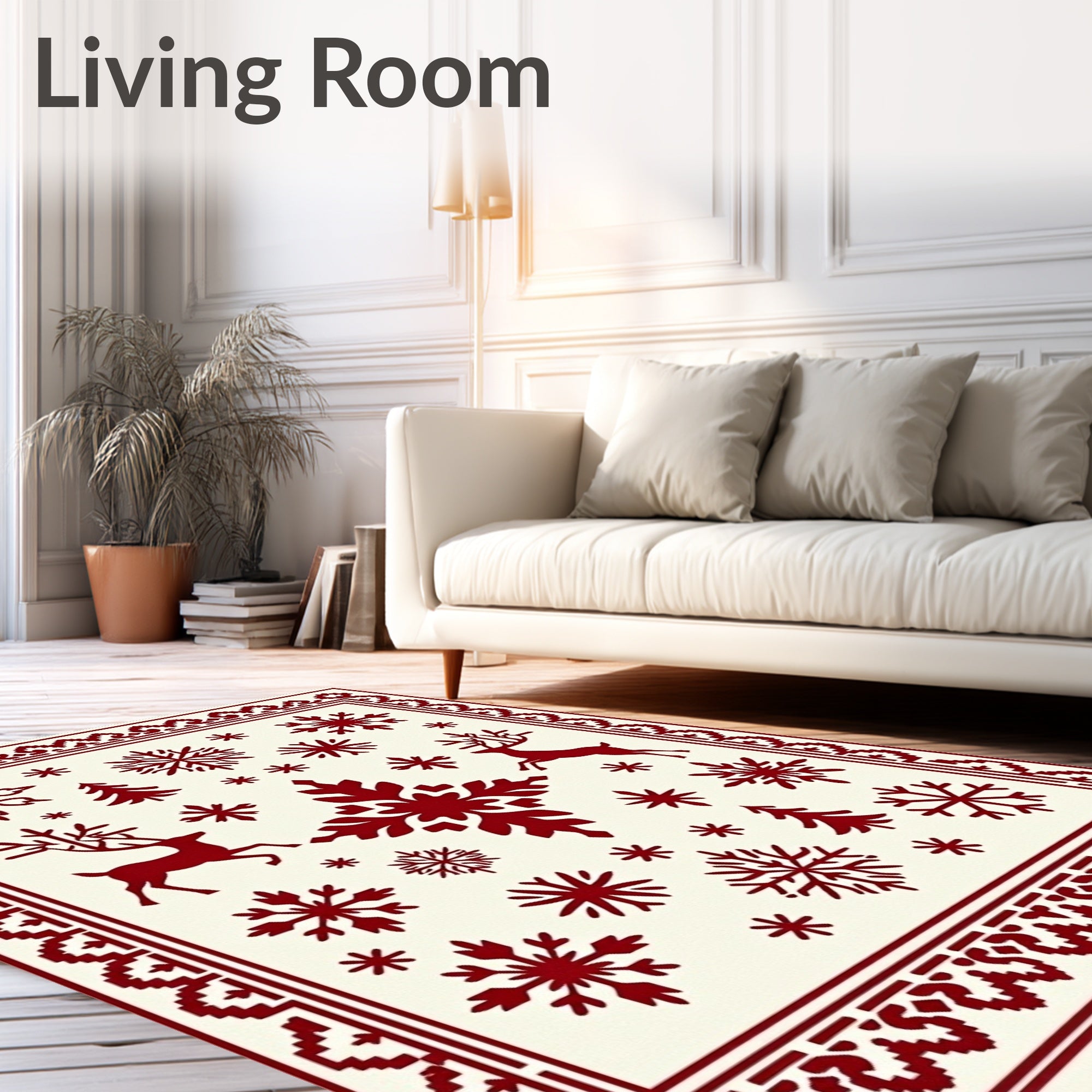 Deep Red Snowflake Deer Border Rug