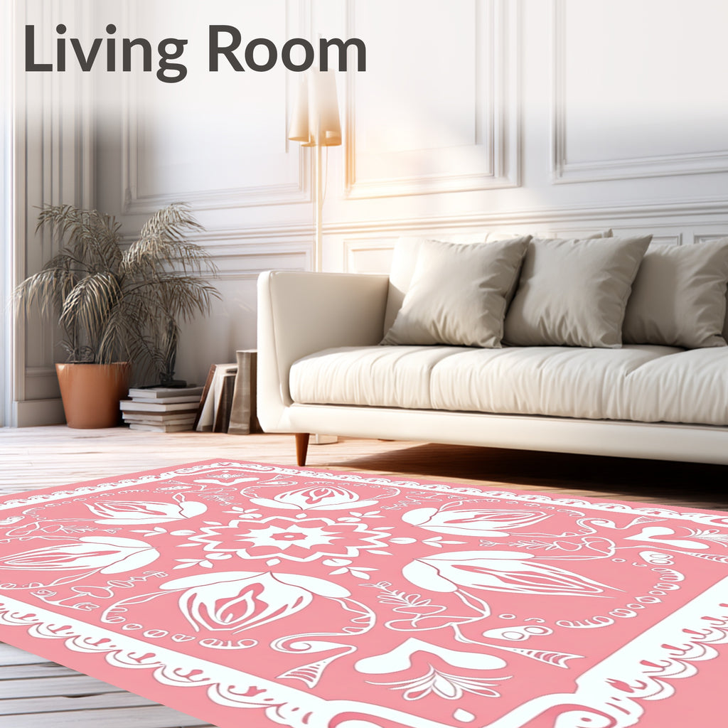 Blush Pink Floral Medallion Border Art Rug