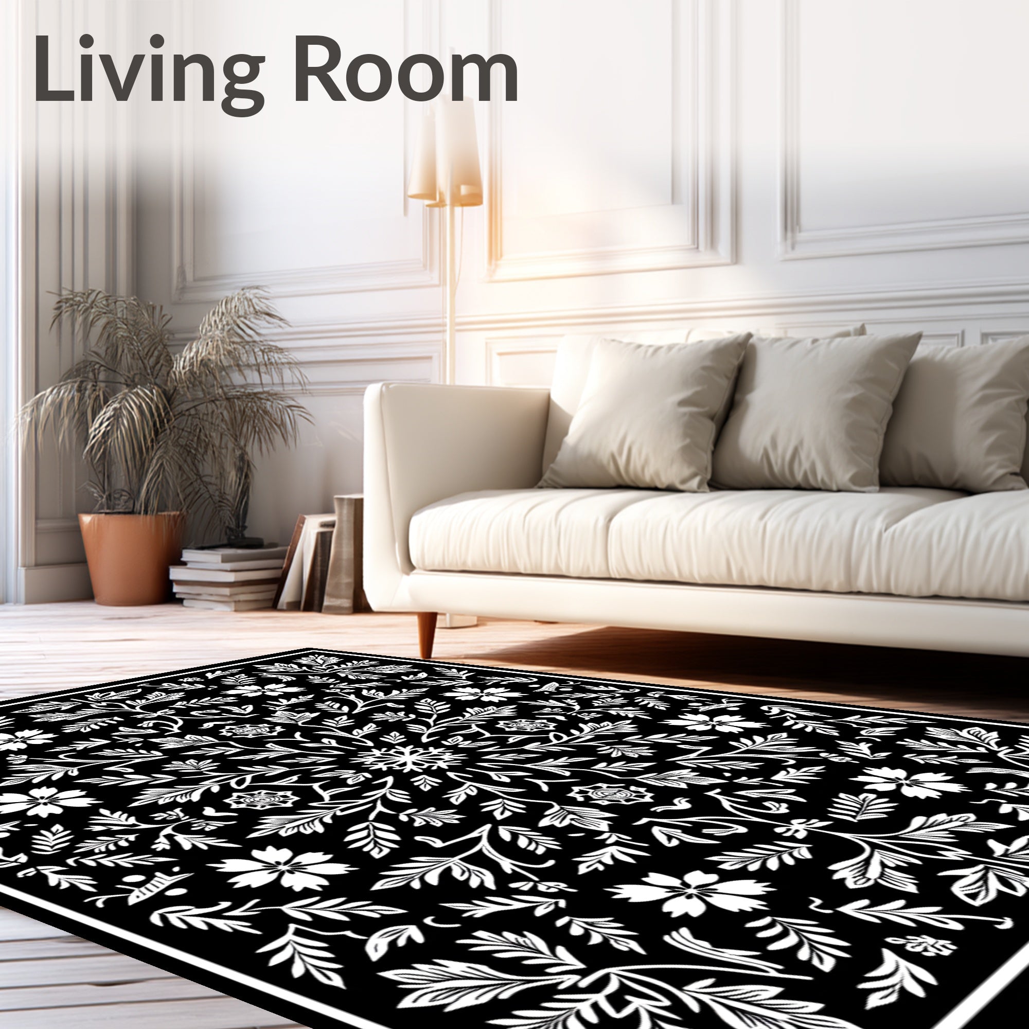 White Floral Black Ornamental Lattice Rug