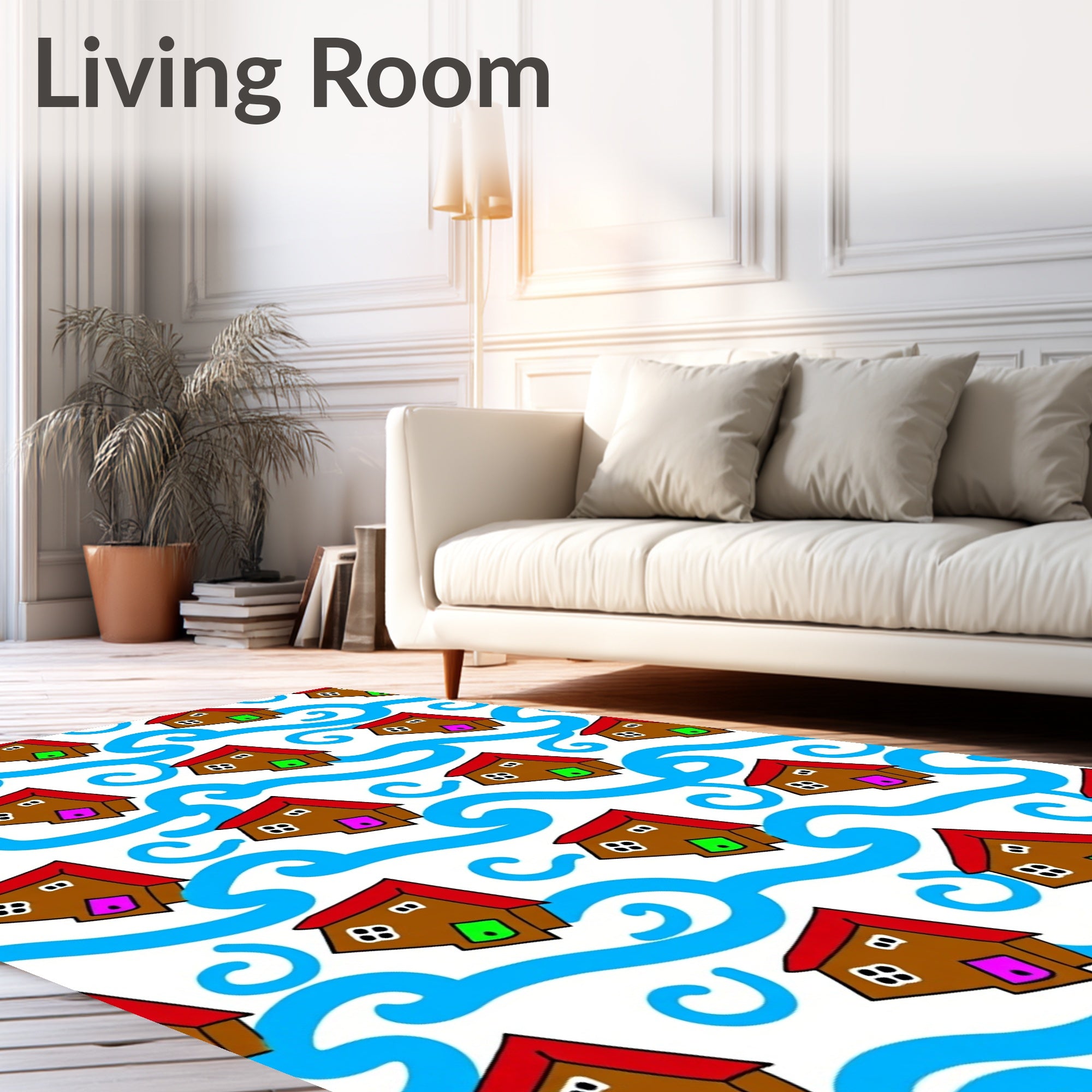 Brown Houses Blue Waves Repeat Rug