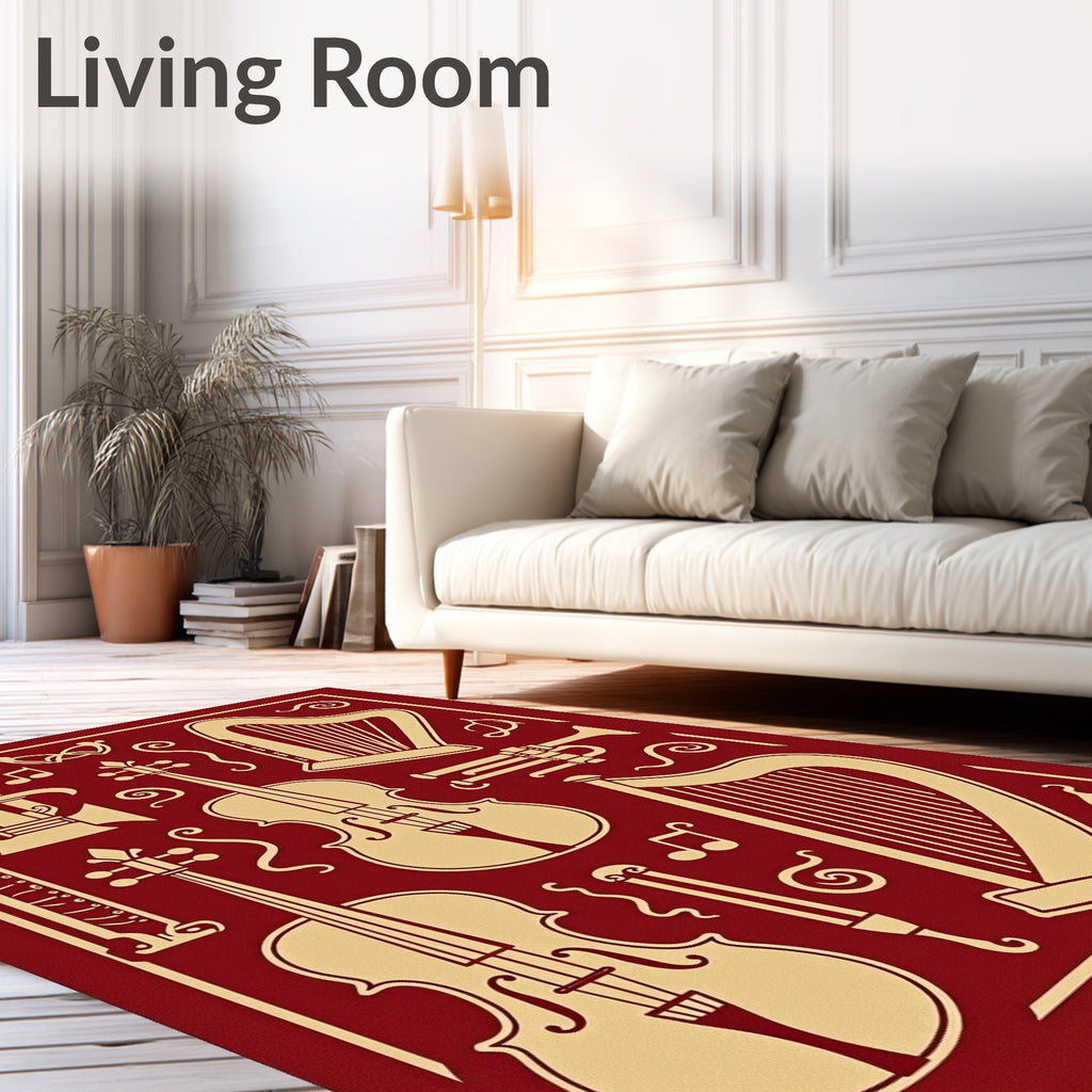 Burgundy and Gold Musical Instruments Collage Rug