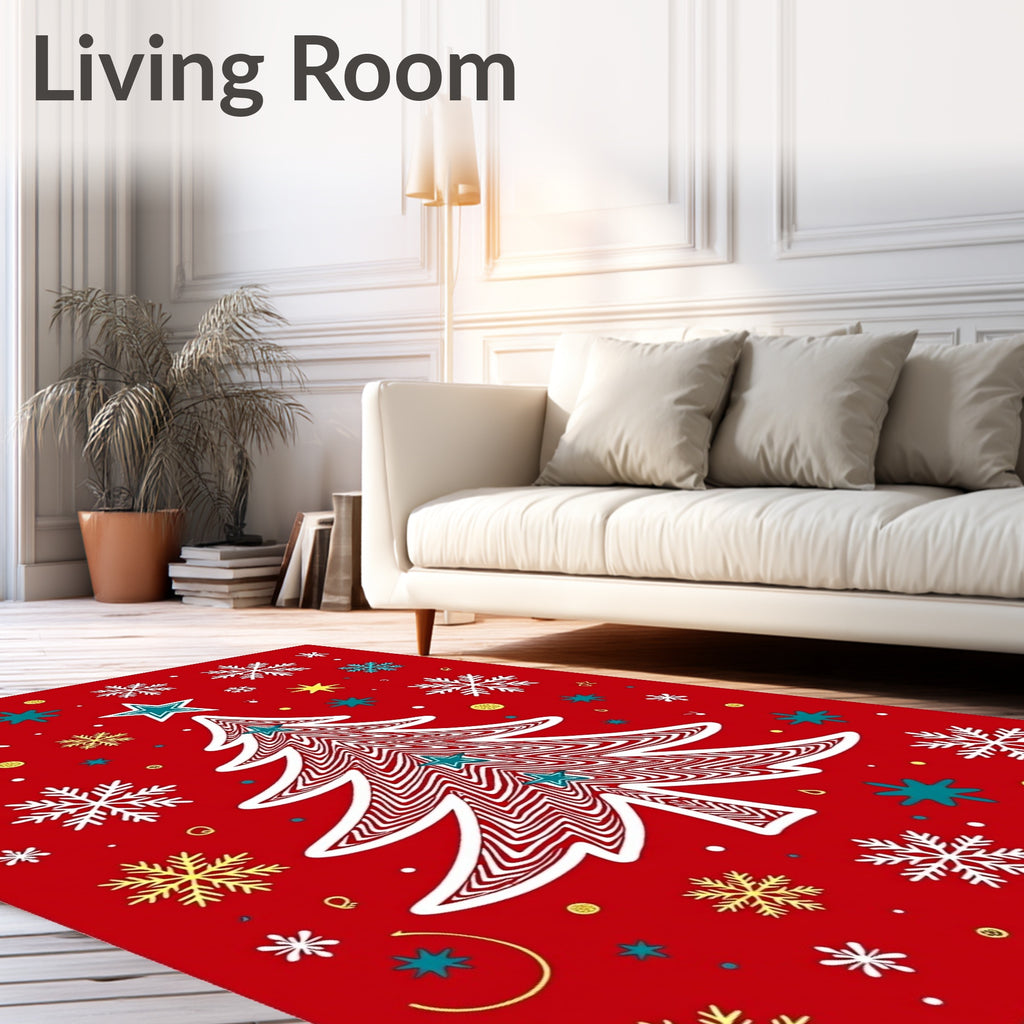 Red Christmas Tree Snowflakes Stars Rug