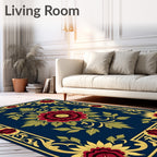 Crimson Floral Gold Trim Navy Rug