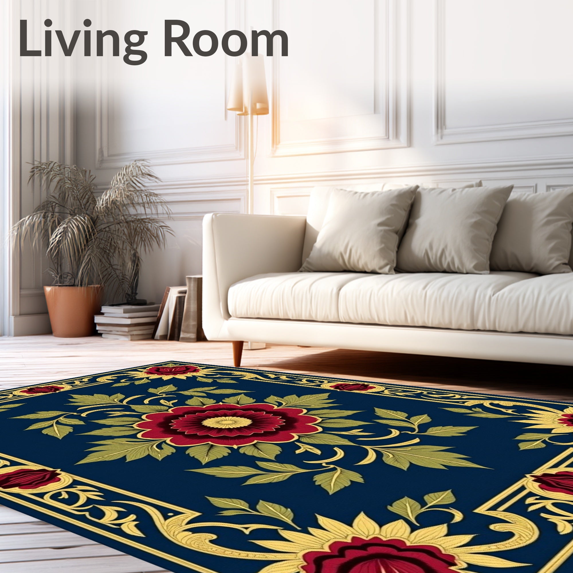 Crimson Floral Gold Trim Navy Rug