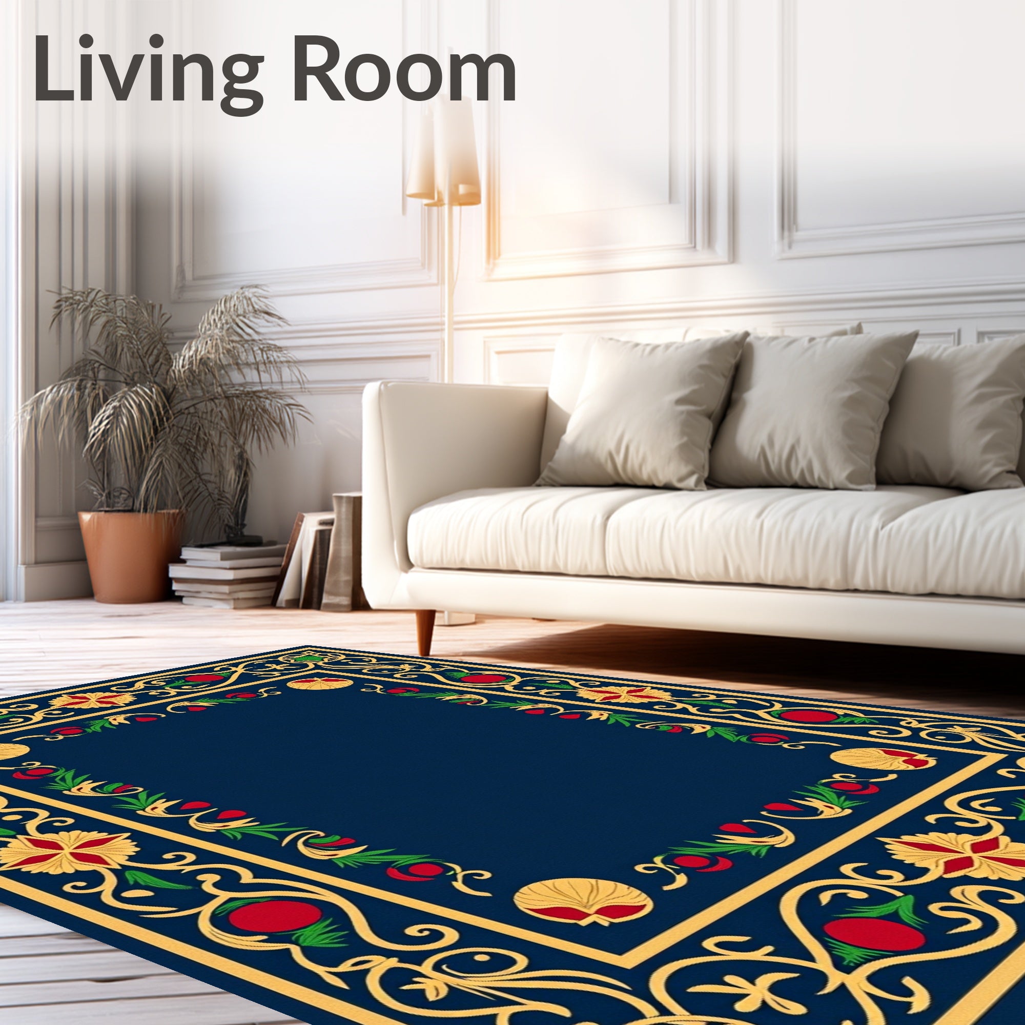 Rich Indigo Floral Medallion Border Rug