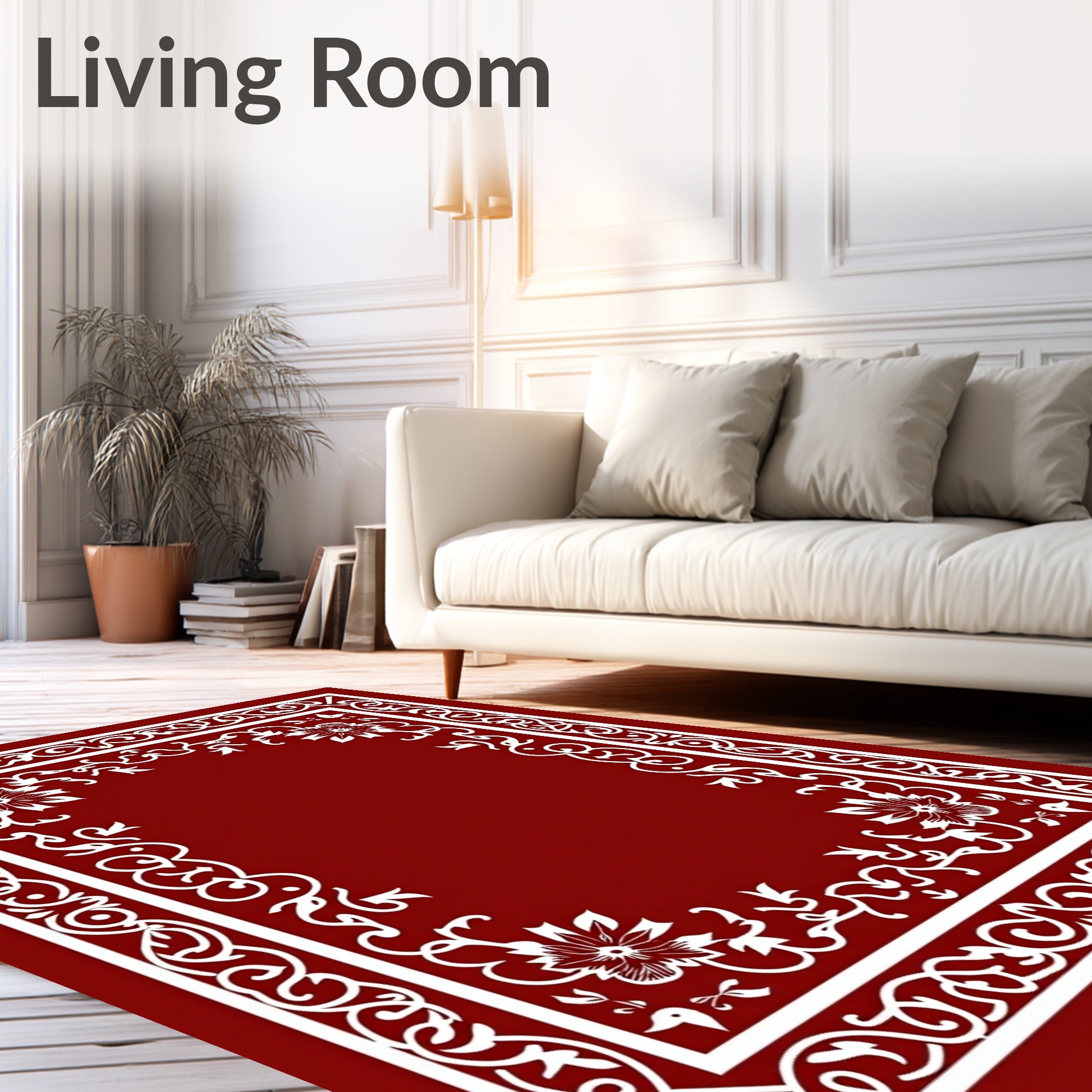 Deep Red Ornate Blossom Vine Border Rug