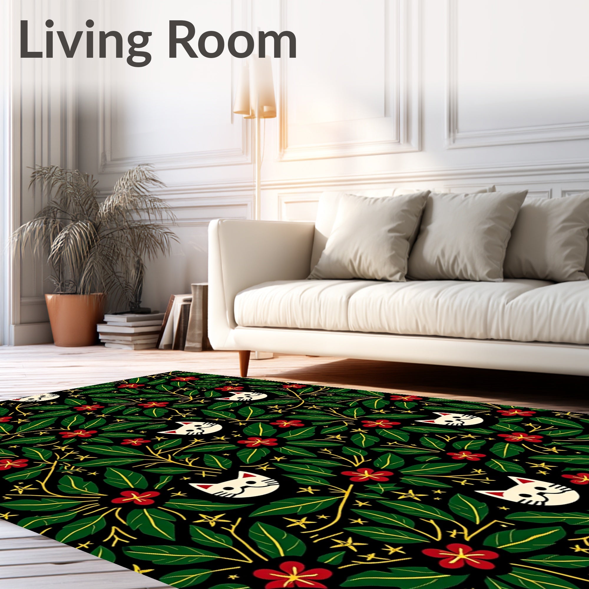 Whimsical White Cat Floral Botanical Rug