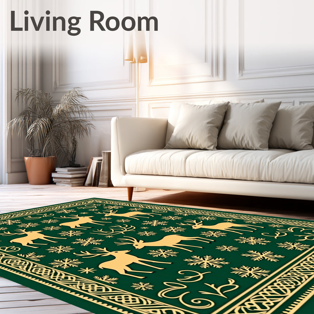 Golden Deer Snowflake Emerald Border Rug