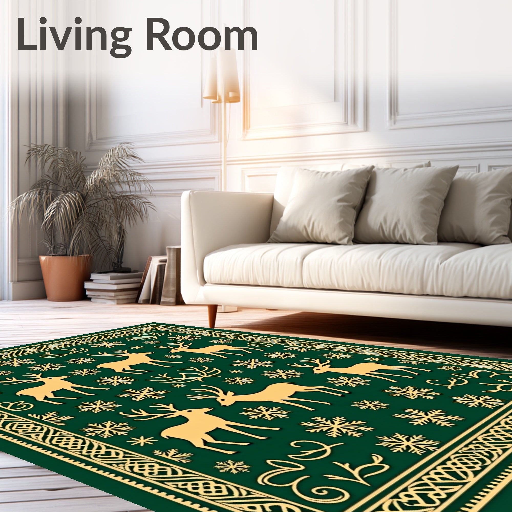 Golden Deer Snowflake Emerald Border Rug