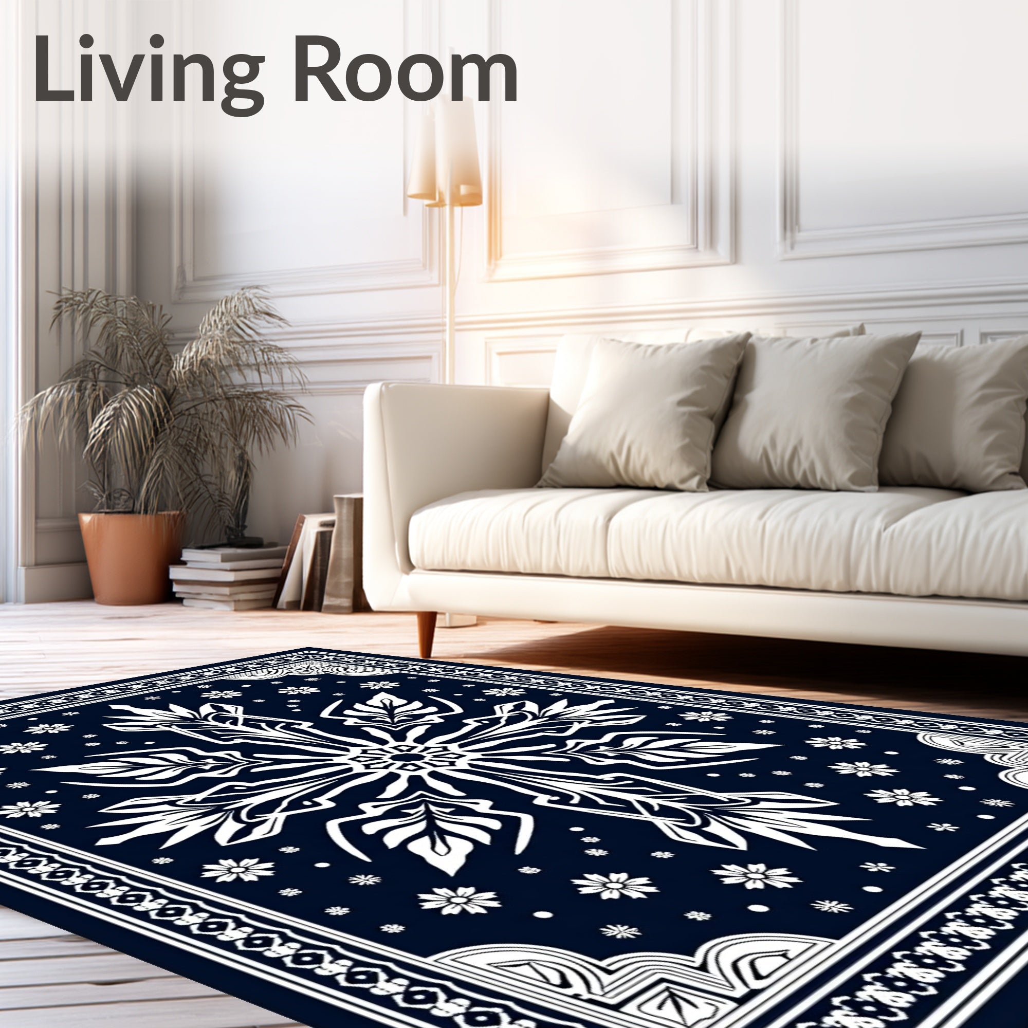 Midnight Blue White Floral Medallion Rug
