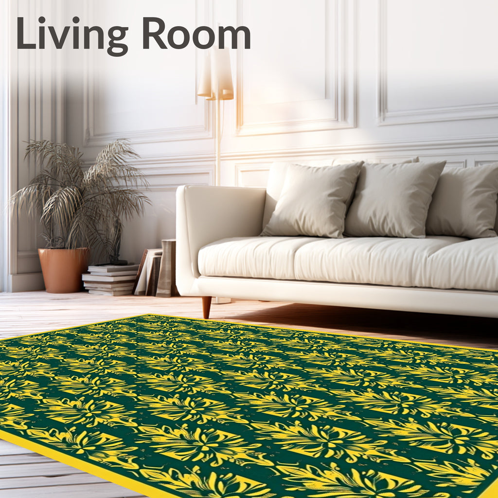 Deep Emerald Yellow Floral Damask Rug