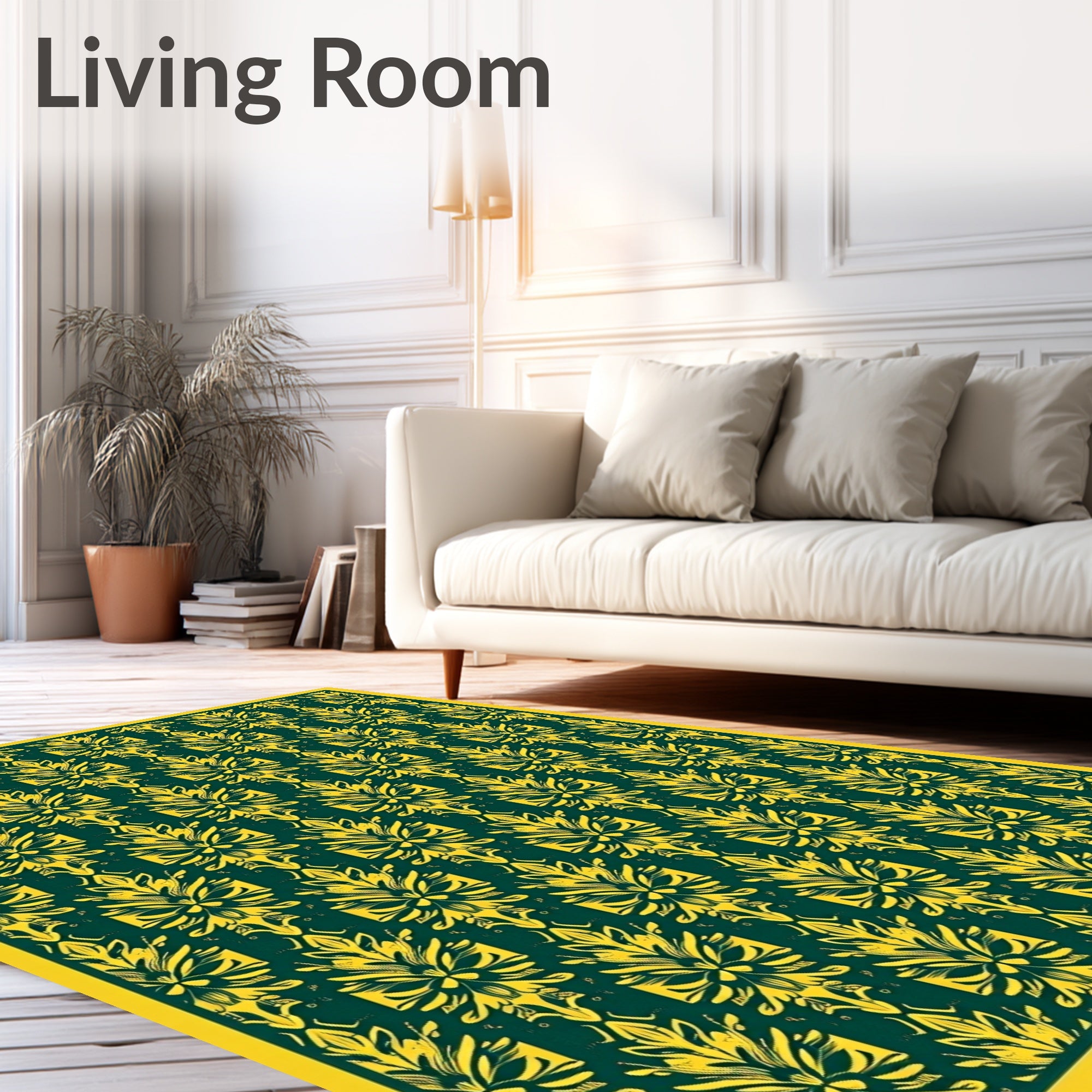 Deep Emerald Yellow Floral Damask Rug