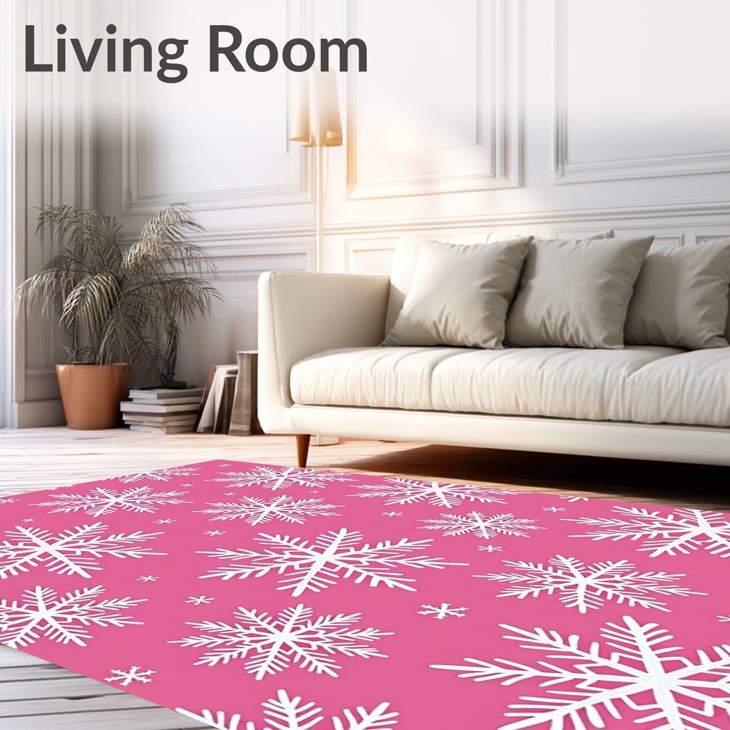 White Snowflakes on Pink Background Rug