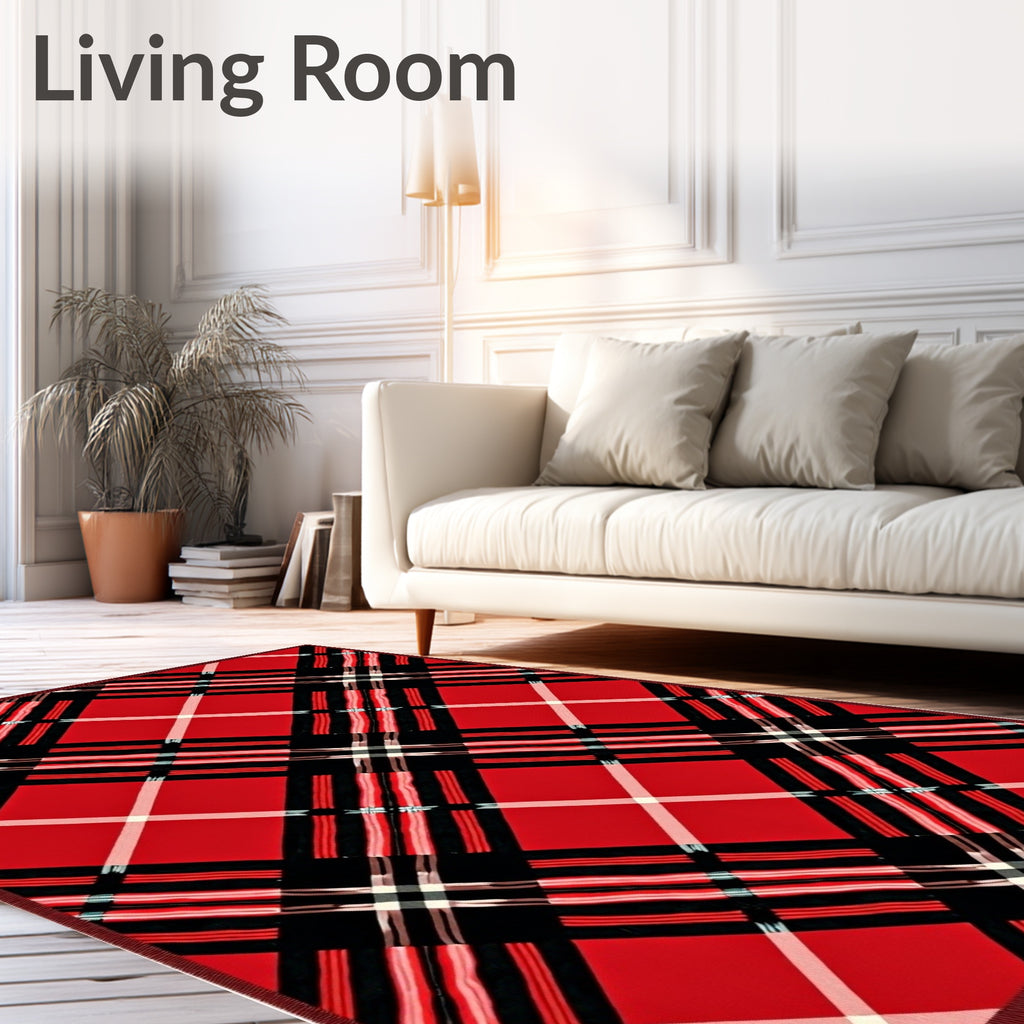 Crimson Black Plaid Diagonal Weave Rug